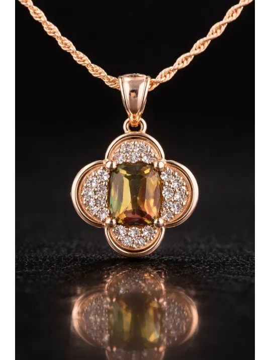 Kadın Gümüş Kolye Yüzük Küpe Set - Asalet Çiçeği Model Kare Zultanit Taşlı Rose Kaplama Set