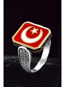 Erkek Gümüş Yüzük - Ay Yıldız Türk Bayrağı İnce Kibar Model Erkek Yüzük