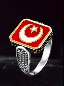 Erkek Gümüş Yüzük - Ay Yıldız Türk Bayrağı İnce Kibar Model Erkek Yüzük