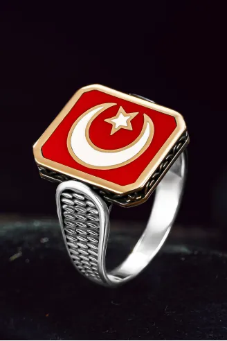 Erkek Gümüş Yüzük - Ay Yıldız Türk Bayrağı İnce Kibar Model Erkek Yüzük