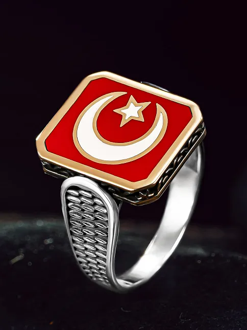 Erkek Gümüş Yüzük - Ay Yıldız Türk Bayrağı İnce Kibar Model Erkek Yüzük