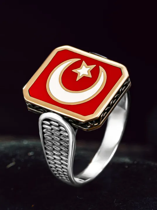 Erkek Gümüş Yüzük - Ay Yıldız Türk Bayrağı İnce Kibar Model Erkek Yüzük Erkek Gümüş Yüzük - Ay Yıldız Türk Bayrağı İnce Kibar Model Erkek Yüzük