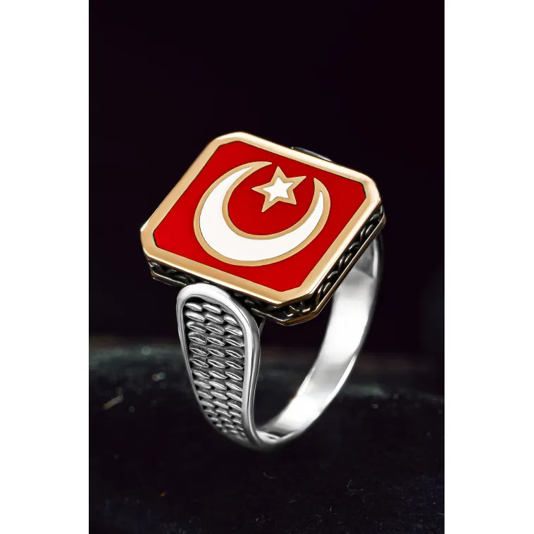 Erkek Gümüş Yüzük - Ay Yıldız Türk Bayrağı İnce Kibar Model Erkek Yüzük Erkek Gümüş Yüzük - Ay Yıldız Türk Bayrağı İnce Kibar Model Erkek Yüzük