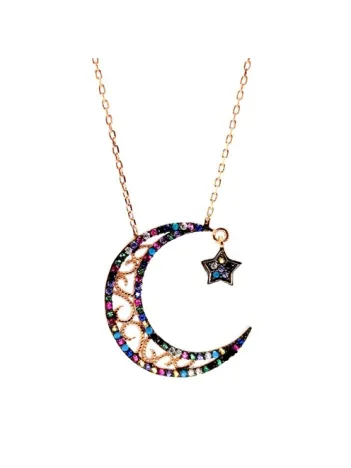 Renkli Zirkon Taşlı Ay Yıldız Bayan Gümüş Kolye Zincir