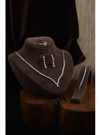 Dolunay Bayan Zirkon Taşlı Gümüş Su Yolu Set - Kolye, Bileklik, Küpe, Yüzük