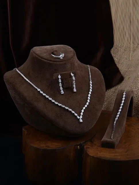 Dolunay Bayan Zirkon Taşlı Gümüş Su Yolu Set - Kolye, Bileklik, Küpe, Yüzük