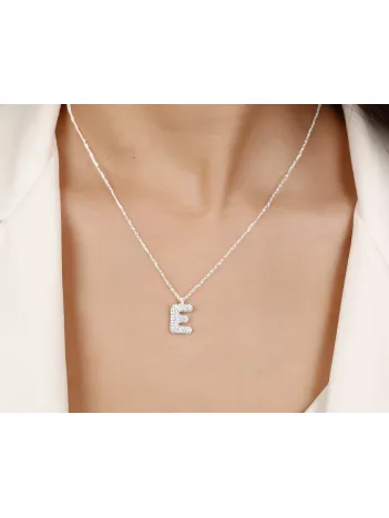 Kadın Gümüş Kolye - E Harfi Zirkon Taşlı Balon Harf Kadın Kolye