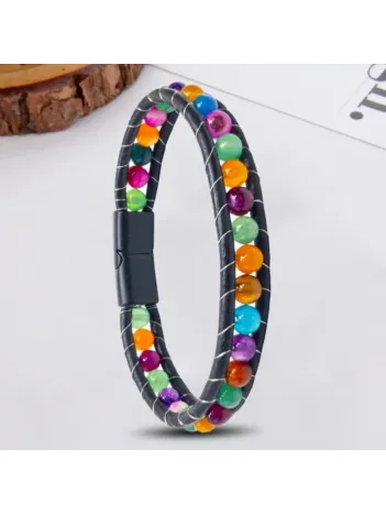 Erkek Doğaltaş Bileklik - 6Mm Doğal Çakra Akik Taşlı Deri Örgü Kordon Bileklik