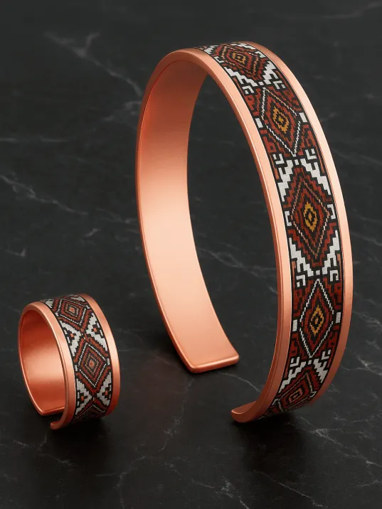 Kadın Bakır Bileklik Yüzük Set - Rosewhite Model Özel Baskı Metal Kutu Ve Kuvars Taşı