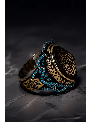 Erkek La Galibe İllallah Yazılı Katalin Taşı Ve Turkuaz Zirkon Taşlı 925 Ayar Gümüş Yüzük