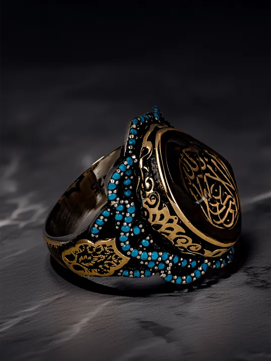 Erkek La Galibe İllallah Yazılı Katalin Taşı Ve Turkuaz Zirkon Taşlı 925 Ayar Gümüş Yüzük
