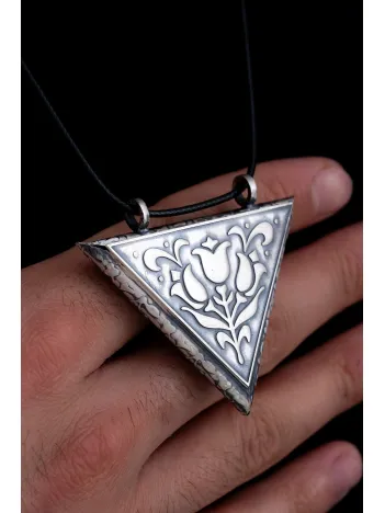 Lale Motifli Erkek Gümüş Cevşen Muska Kolye Haznesi Büyük Boy