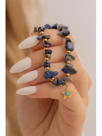 Doğal Taşlı Kadın Bileklik - Doğal Lapis Taşlı Kadın Çelik Kadın Bileklik Yıldız Ve Nazarlık