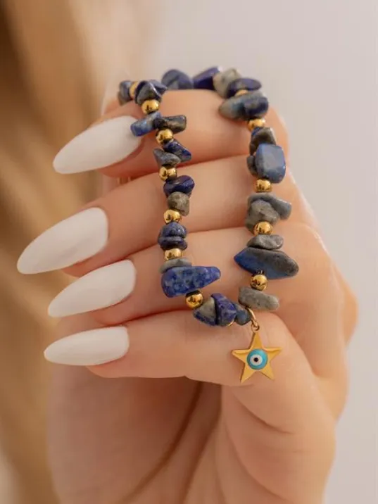 Doğal Taşlı Kadın Bileklik - Doğal Lapis Taşlı Kadın Çelik Kadın Bileklik Yıldız Ve Nazarlık Doğal Taşlı Kadın Bileklik - Doğal Lapis Taşlı Kadın Çelik Kadın Bileklik Yıldız Ve Nazarlık