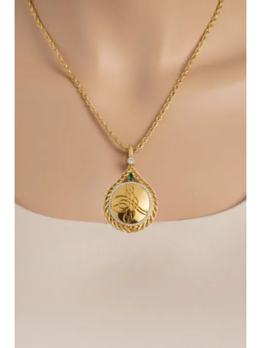 Kadın Gümüş Kolye - Damla Model Zümrüt Taşlı Osmanlı Tuğrası Desenli 22 Ayar Altın Kaplama Kolye
