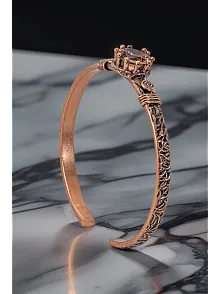 Kadın Bakır Bileklik Yüzük Set - Zultanit Taşı Model 2 Ağaç Kabuğu Model İnce Metal Kutu Kuvars Taşı