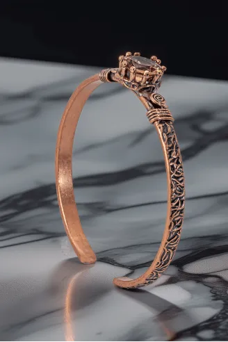 Kadın Bakır Bileklik Yüzük Set - Zultanit Taşı Model 2 Ağaç Kabuğu Model İnce Metal Kutu Kuvars Taşı