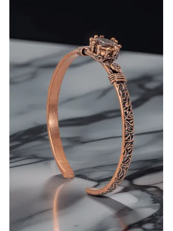 Kadın Bakır Bileklik Yüzük Set - Zultanit Taşı Model 2 Ağaç Kabuğu Model İnce Metal Kutu Kuvars Taşı