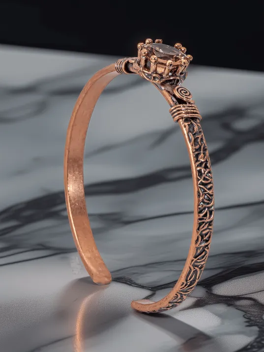 Kadın Bakır Bileklik Yüzük Set - Zultanit Taşı Model 2 Ağaç Kabuğu Model İnce Metal Kutu Kuvars Taşı
