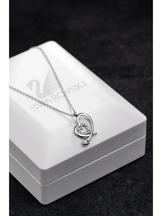Kadın Gümüş Kolye - Swarovski Taşlı Zirconia Çift Kalpli Motifli Kadın Kolye