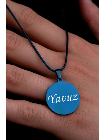 Erkek Çelik Kolye - Parlament Mavisi İsim Yazılabilir Yuvarlak Model Çelik Kolye