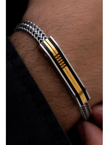Erkek Çelik Bileklik - Sarı Model Çift Sıra Örüm Zinciri Çelik Bileklik