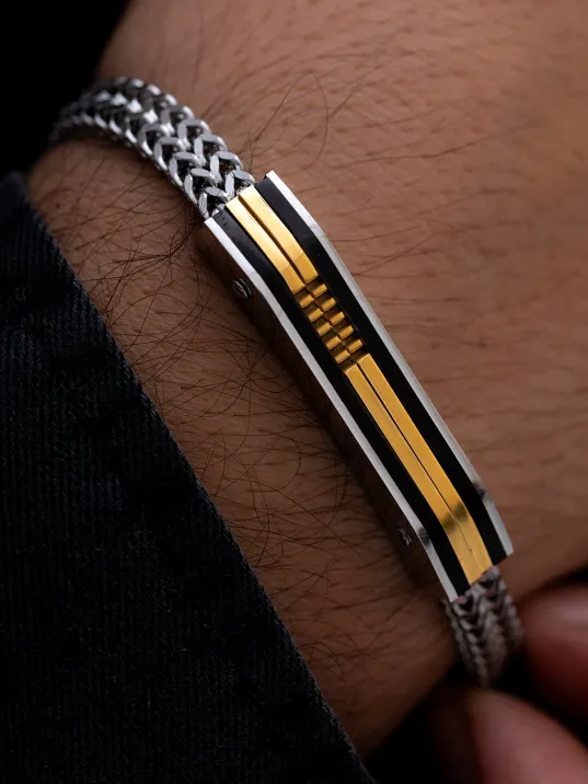 Erkek Çelik Bileklik - Sarı Model Çift Sıra Örüm Zinciri Çelik Bileklik