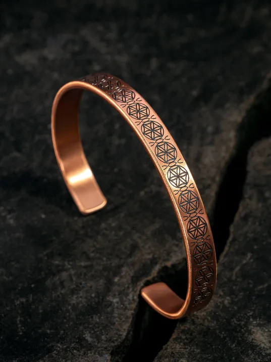 Erkek Bakır Bileklik - Lotus Çiçeği - Yaşam Çiçeği İnce Model Erkek Kelepçe Bileklik Bilezik
