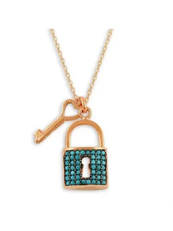 Turkuaz Taşlı Kilit Model Model Bayan Gümüş Kolye