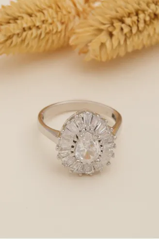 Kadın Gümüş Yüzük - Damla Model Zirkon Taşlı Baget Süslemeli Rodyumlu Kadın Yüzük