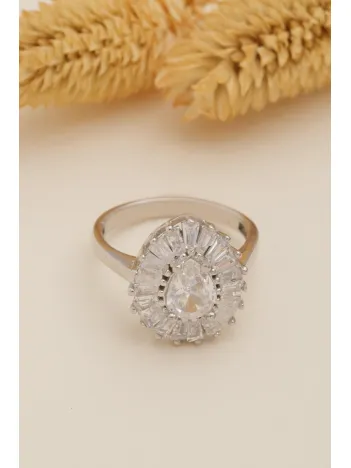 Kadın Gümüş Yüzük - Damla Model Zirkon Taşlı Baget Süslemeli Rodyumlu Kadın Yüzük