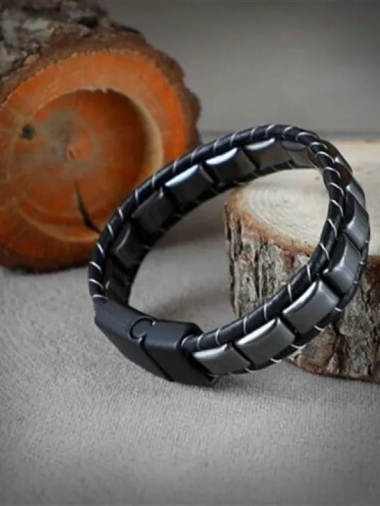 Hematit Doğaltaş Erkek Deri Bileklik