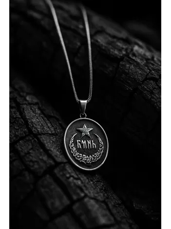 Erkek Gümüş Kolye - Oval Göktürkçe Türk Yazılı Ayyıldız Model Gümüş Erkek Kolye
