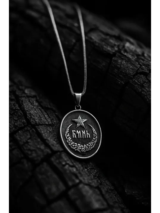 Erkek Gümüş Kolye - Oval Göktürkçe Türk Yazılı Ayyıldız Model Gümüş Erkek Kolye