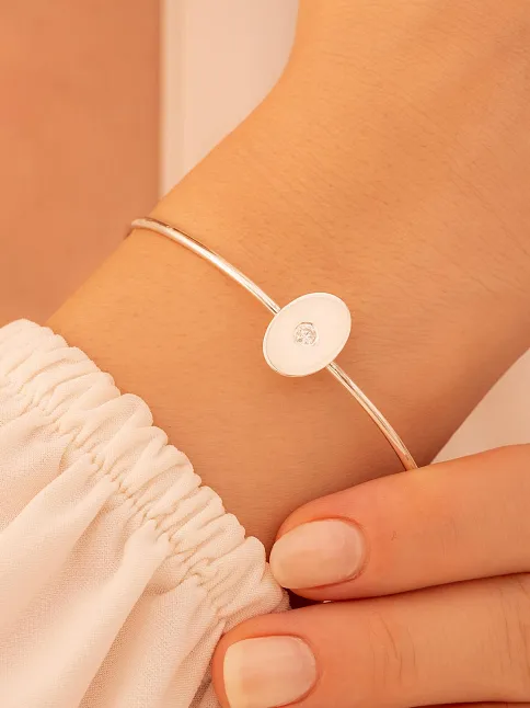 Kadın Gümüş Bileklik - El Yapımı Gümüş Zirkon Taşlı Elips Motifli Kadın Bileklik Kelepçe