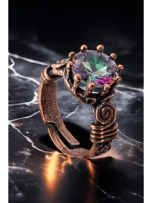 Kadın Bakır Bileklik Yüzük Set - Mistik Topaz Ağaç Kabuğu Model İnce Metal Kutu Kuvars Taşlı Set
