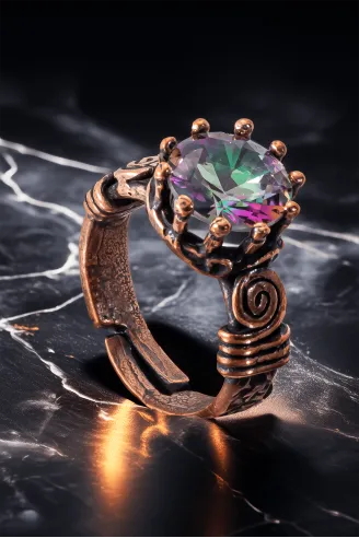 Kadın Bakır Bileklik Yüzük Set - Mistik Topaz Ağaç Kabuğu Model İnce Metal Kutu Kuvars Taşlı Set