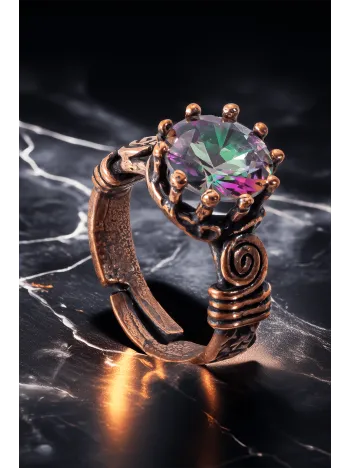 Kadın Bakır Bileklik Yüzük Set - Mistik Topaz Ağaç Kabuğu Model İnce Metal Kutu Kuvars Taşlı Set