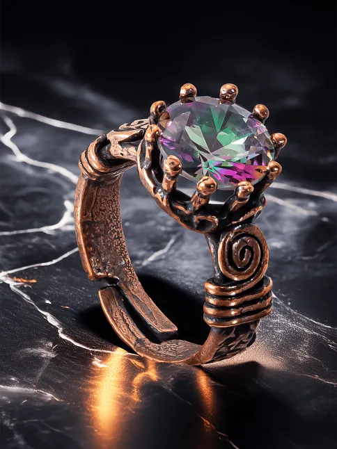Kadın Bakır Bileklik Yüzük Set - Mistik Topaz Ağaç Kabuğu Model İnce Metal Kutu Kuvars Taşlı Set