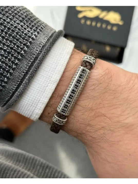 Erkek Bileklik - Deri Erkek Bileklik - Taşlı Erkek Bileklik - Taşlı Şerit Model-Bordo