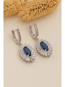 Kadın Gümüş Küpe - Damla Model Safir Taşlı Baget Süslemeli Rodyumlu Kadın Küpe