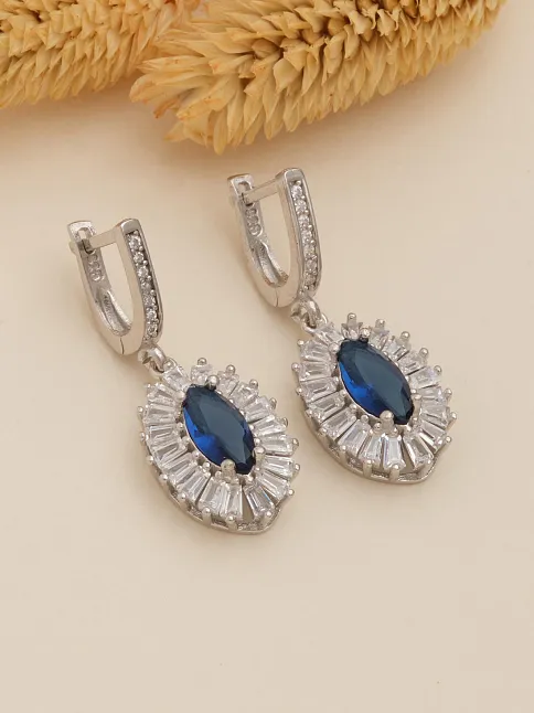 Kadın Gümüş Küpe - Damla Model Safir Taşlı Baget Süslemeli Rodyumlu Kadın Küpe
