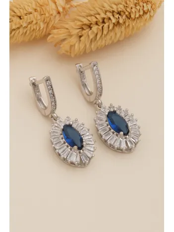 Kadın Gümüş Küpe - Damla Model Safir Taşlı Baget Süslemeli Rodyumlu Kadın Küpe