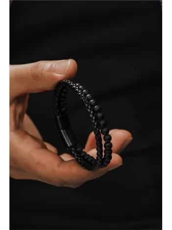 Oniks Doğaltaş Örgü Erkek Deri Bileklik