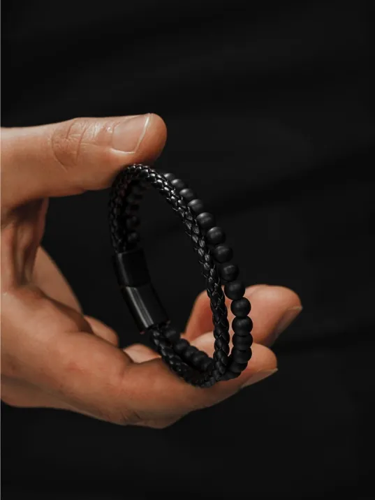 Oniks Doğaltaş Örgü Erkek Deri Bileklik