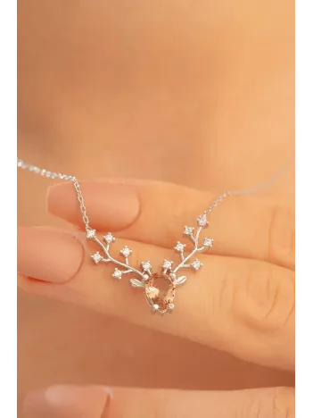 Kadın Gümüş Kolye - Zultanit Taşlı Geyik Kafası Motifli Gümüş Kolye