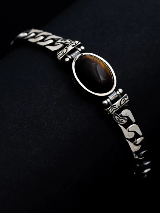 Erkek Gümüş Bileklik - Kaplan Gözü Gurmet Zincir Gümüş Bileklik Künye