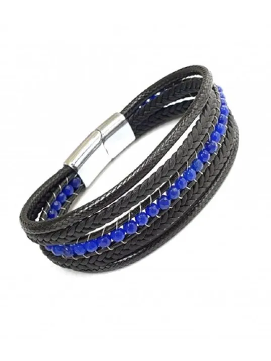 Mavi Faset Akik Doğal Taşlı Çoklu Deri Kordonlu Bileklik DBLIMT2D200-SYH