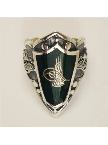 Osmanlı Tuğralı Yeşil Mineli Gümüş Erkek Zihgir Yüzük