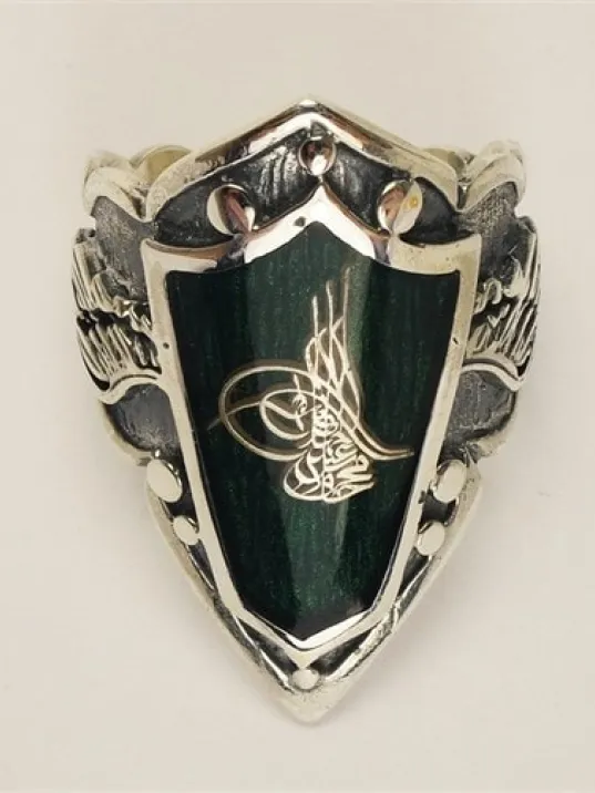 Osmanlı Tuğralı Yeşil Mineli Gümüş Erkek Zihgir Yüzük